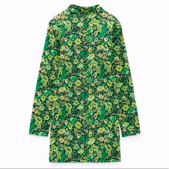 ZARA GREEN FLORAL PRINT DRESS SATIN STRETCH SHIRT DRESS SIZE SMALL NWT - Picture 5 of 5